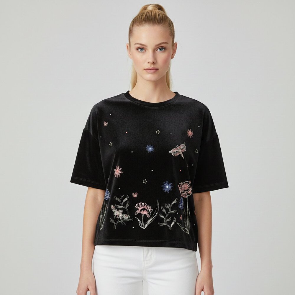 Velvet Embroidered Stretch Black Top Floral Embroidery Size P/S